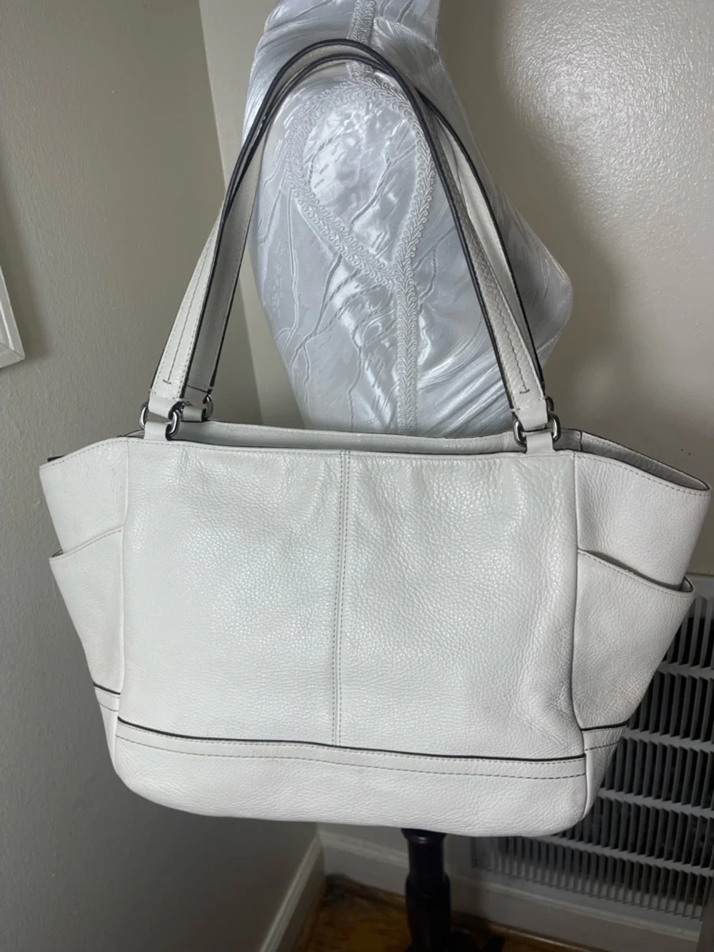 Coach White pebbled shoulder Leather Tote with Tan Accent Charm